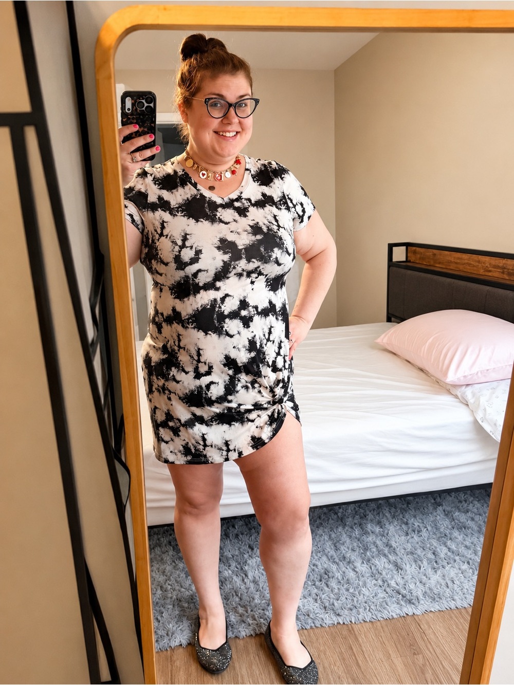 SHEIN Navy Blue/Black & White Tie-Dye V-Neck Short Sleeve Mini Dress